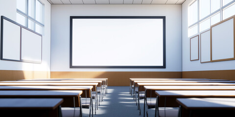 Empty classroom interior with blank screen and desks for educational presentations