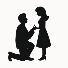 Romantic Couple Silhouette He's on One Knee, Proposing with a Ring