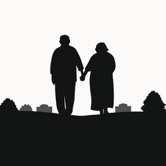 Obraz premium Silhouette of Elderly Couple Holding Hands, Peaceful Retirement Concept