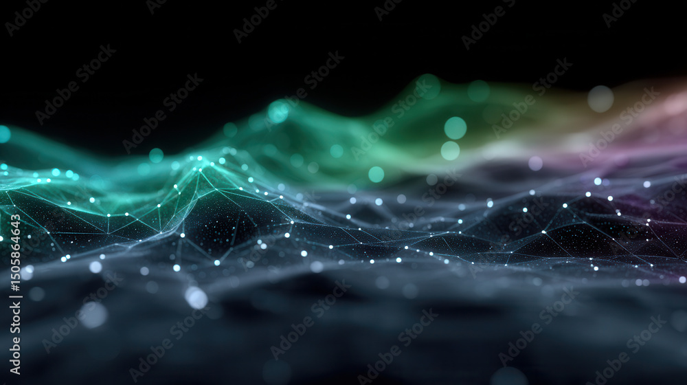 Poster abstract mesh network of connected dots, forming a digital landscape with flowing lines and dynamic,