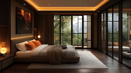 Warmly lit designer bedroom with wooden floors and soft orange accents high resolution image