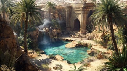 Desert oasis sanctuary, ancient ruins and lush greenery.