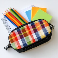 Colorful Plaid Pencil Case with School Supplies on White Background