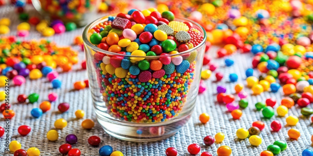 Poster a glass filled with colorful candy sprinkles and assorted candy pieces scattered on a textured surfa