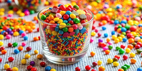 A glass filled with colorful candy sprinkles and assorted candy pieces scattered on a textured surface.