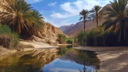 Tranquil oasis valley with palm trees reflecting in a calm river.