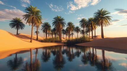 Desert oasis with palm trees reflecting in calm water.