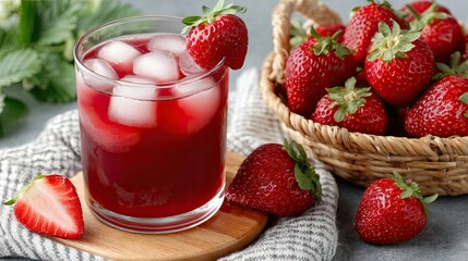 Refreshing strawberry juice with ice on a wooden table, accompanied by fresh strawberries and garnished with herbs for a vibrant summer drink experience