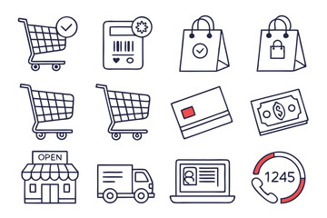 Clean Line-Art E-Commerce Icon Set – Shopping, Payment, Delivery & Support Symbols