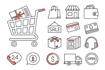 Clean Line-Art E-Commerce Icon Set &ndash; Shopping, Payment, Delivery & Support Symbols