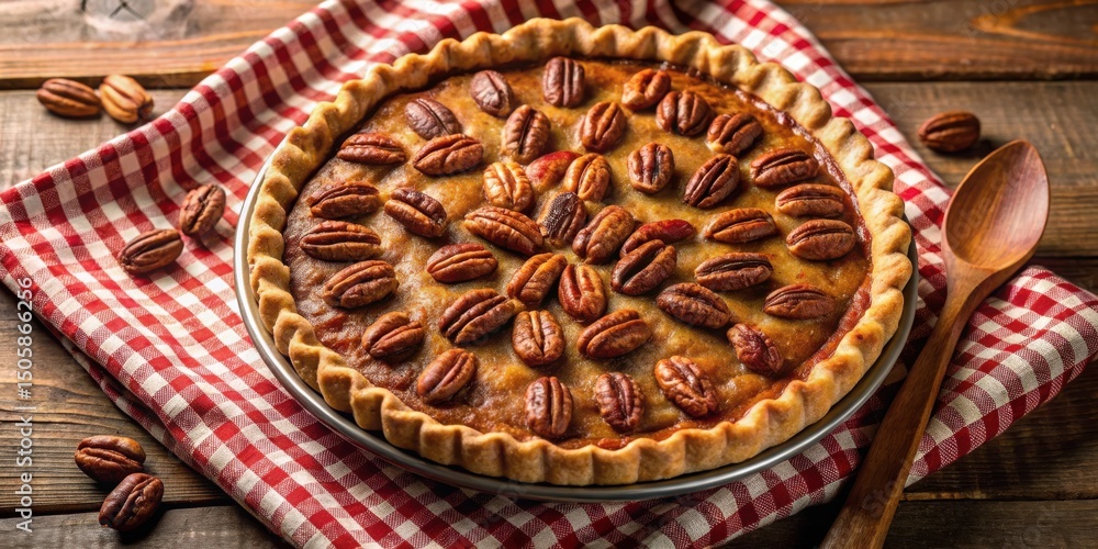 Poster a golden brown pecan pie with a flaky crust, resting on a red and white checkered tablecloth, surrou