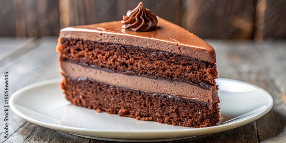 Poster a slice of decadent chocolate cake with a smooth chocolate frosting and layers of rich chocolate fil