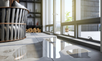 waters flooding on floor near the windows
