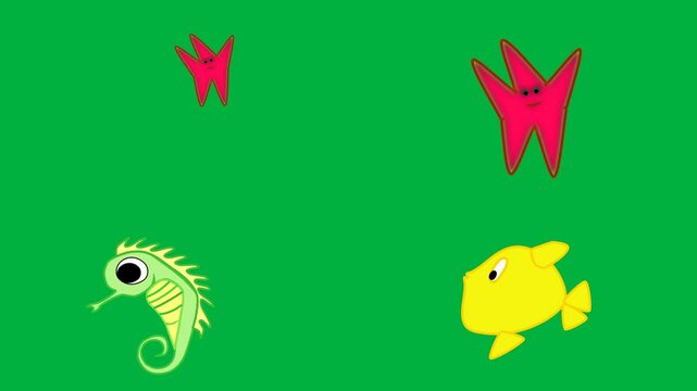 Animated 2d character starfish, seahorse, and yellow fish on green screen, chroma key, 4k cartoon. Perfect for stock video, each character isolated for creative projects.