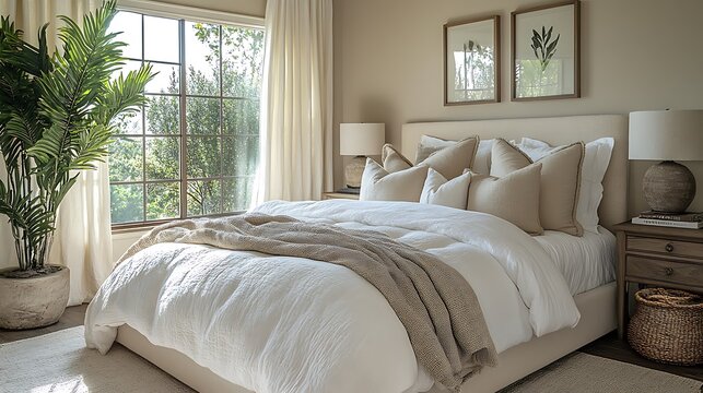 Fototapeta Organic styled bedroom interior with fresh plants and textured decor high resolution image