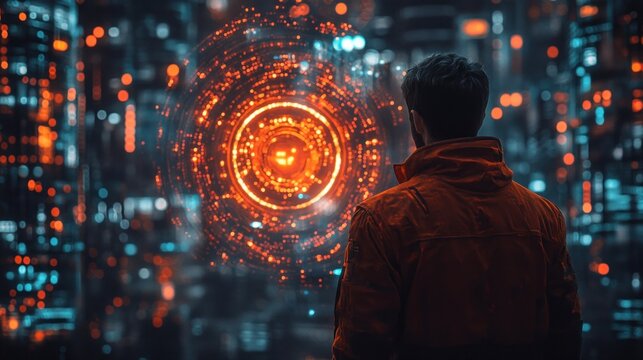 Man views holographic interface overlooking cityscape at night