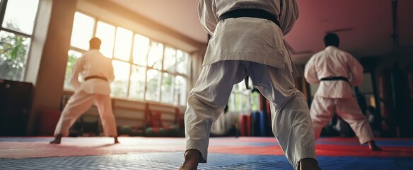 The disciplined karate practitioners training within a focused dojo environment.