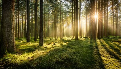 Obraz premium serene morning glow in deep pine forest with radiant sunlight
