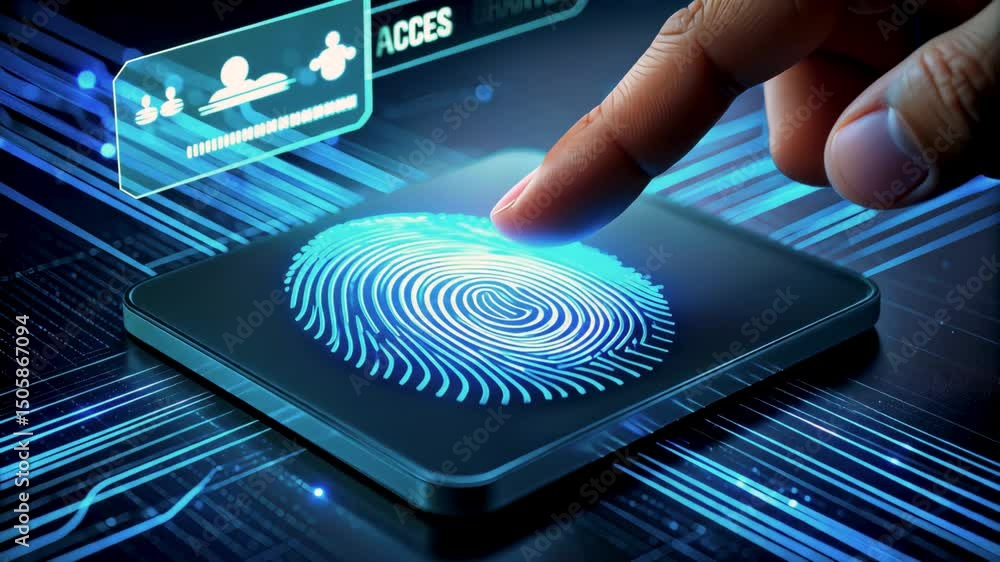 Poster close-up of a finger touching a glowing fingerprint scanner on a futuristic digital interface with s