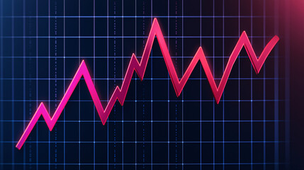 Naklejka premium A pink line graph with sharp peaks and valleys is displayed on a dark grid background, indicating fluctuating data trends.