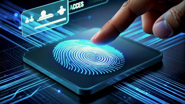 Close-up of a finger touching a glowing fingerprint scanner on a futuristic digital interface with symbolizing biometric authentication, identity verification, and advanced cybersecurity technology.