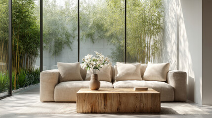 Serene Living Space: A cozy sofa and a natural wood coffee table bathed in sunlight filtering through lush green bamboo. Peaceful modern design.