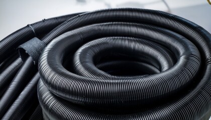 an image showing multiple coiled and rolled lengths of black industrial materials such as wires cables hoses and pipes used for a variety of construction plumbing and electrical applications