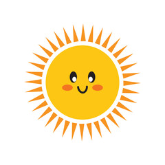 Vector cute smiling suns with face. Funny childish suns in flat design. Childish sunshine emoji. Baby suns with sunbeams.eps10