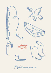 Vintage fishing poster with hand drawn outdoors hobby elements. Boat, fishing rod, rubber boots, seagull. Fisherman core adventure. Perfect for camping lover, sailor day, father day, fishing day.