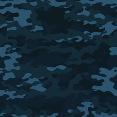 
military camouflage blue background, dark seamless pattern, vector illustration
