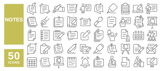 Set of 50 line icons related to notes, sticky note, sheet, reminder, edit, page, notice, Editable stroke. Vector illustration