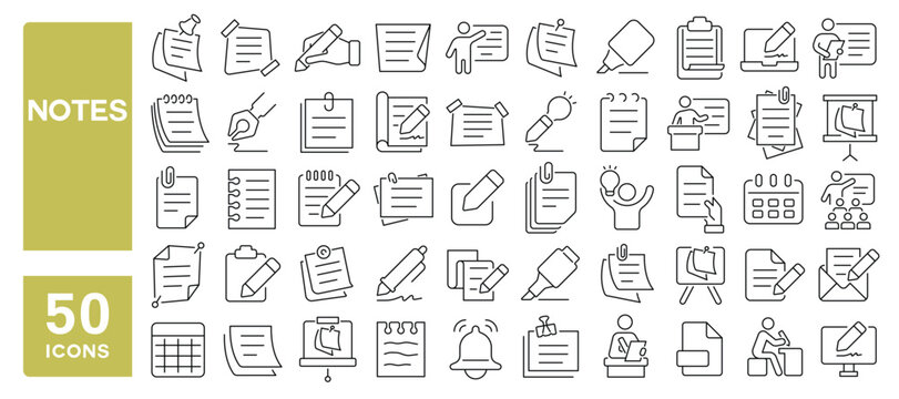 Set of 50 line icons related to notes, sticky note, sheet, reminder, edit, page, notice, Editable stroke. Vector illustration