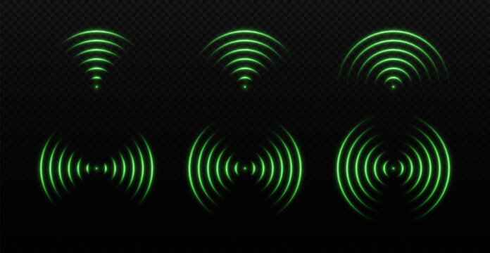 Sound wave and radar light. Wi-Fi signal with laser neon glow. Scanning network or field. Vector set of elements on transparent background.