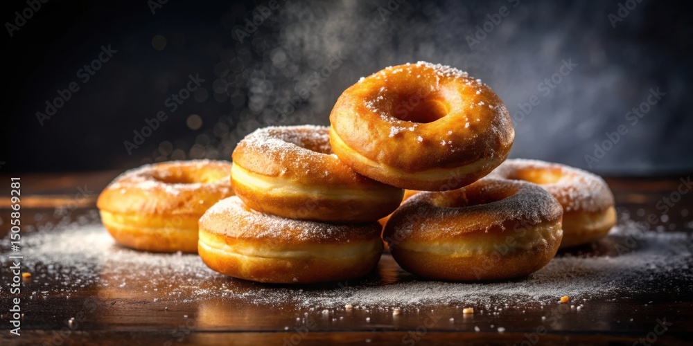 Poster a delicious stack of golden donuts dusted with powdered sugar on a rustic wooden surface