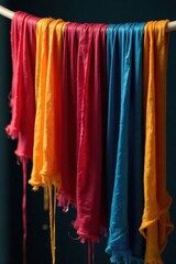 Deep jewel-toned silk threads dripping, drying rack, texture, silk