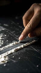 Hand preparing lines of cocaine on dark surface