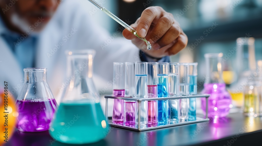 Poster scientist conducts experiments with colorful liquids in laboratory using precision tools and glasswa