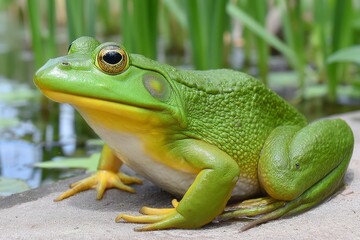 Fototapeta premium Green Frog Near Water with Yellow Belly