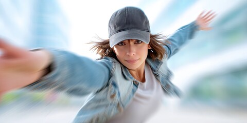 dynamic angle photo of friendly female film director, dynamic pose 