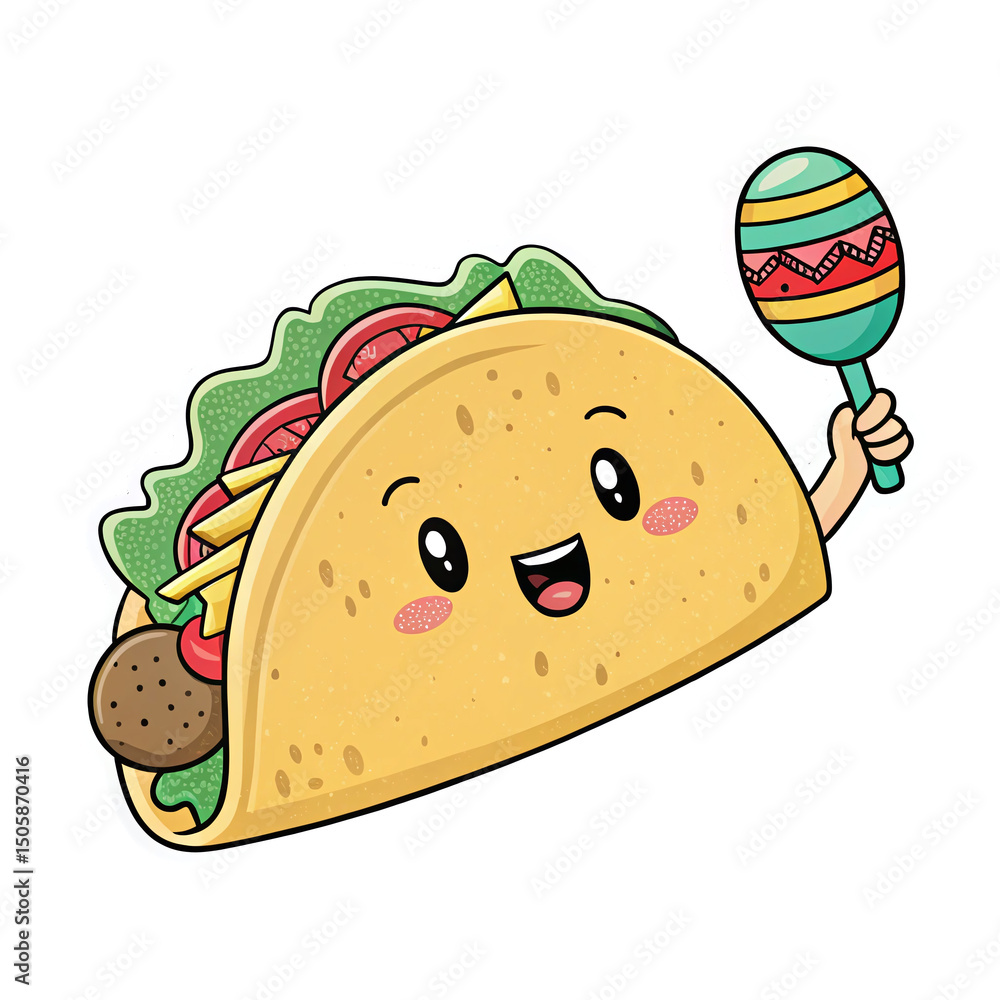 Poster cheerful taco character holding maraca in colorful style with transparent background