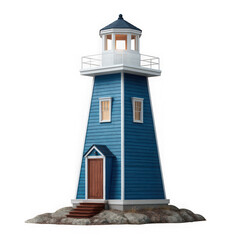 Blue wooden lighthouse model isolated on transparent background