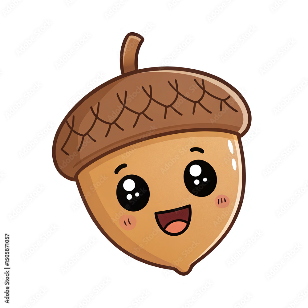Poster cute smiling acorn character with big eyes and cheerful expression on transparent background