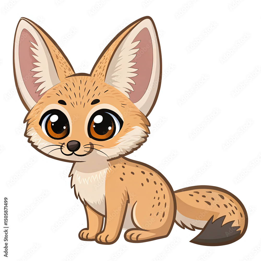 Poster cute cartoon fennec fox character with large ears and playful expression on transparent background