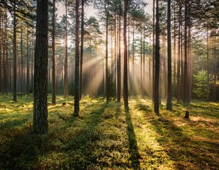 Fototapeta premium serene morning glow in deep pine forest with sunlight rays