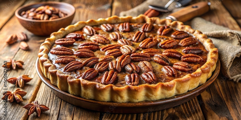 Poster a freshly baked pecan pie with a golden crust and a generous layer of pecan nuts, displayed on a rus