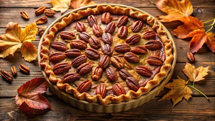 A Pecan Pie Adorned with Autumn Leaves, a Delicious and Festive Dessert for the Fall Season