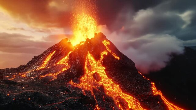 Erupting volcano spewing lava under dramatic clouds and fiery skies