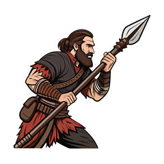 Obraz premium Fierce Male Warrior Character Holding Spear in Dynamic Pose Transparent Background