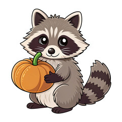 Fototapeta premium Cute Raccoon Holding Pumpkin Cartoon Character Ideal for Fall Decorations and Kids Apparel
