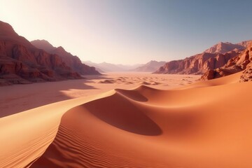 Naklejka premium Dusty rose-hued sand swirls across Wadi Rum's majestic landscape , sandstorm, adventure